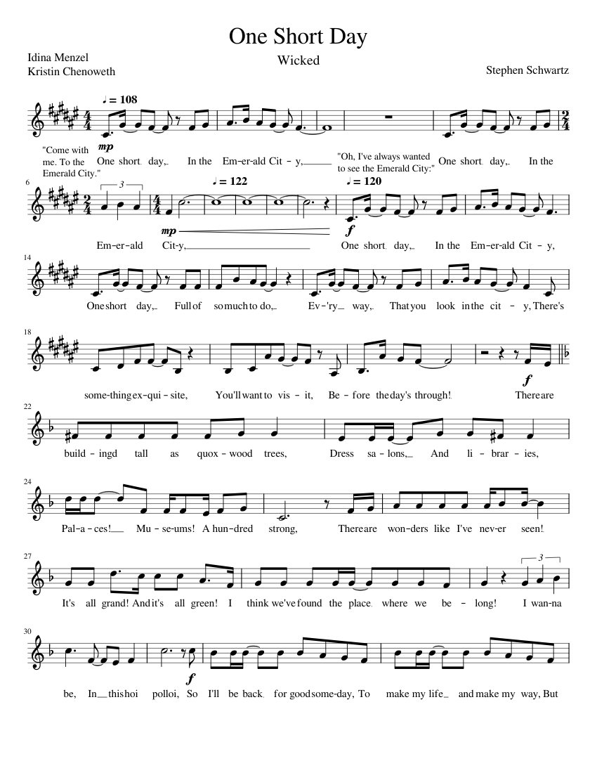 One Short Day Sheet music for Piano (Solo) | Download and print in PDF or  MIDI free sheet music for One Short Day by Stephen Schwartz (soundtrack ) |  Musescore.com