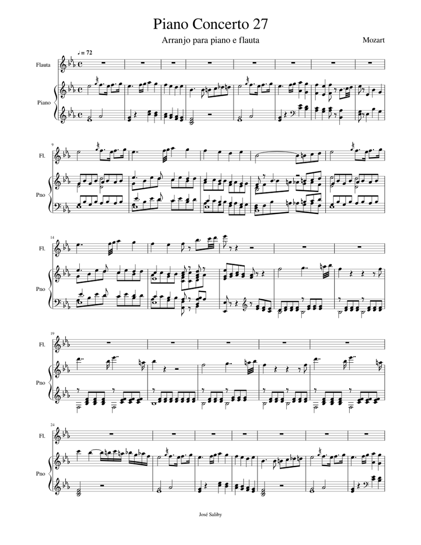 Mozart - Piano Concerto 27 - Mov II - Arrangement for Flute and Piano by  José Saliby Sheet music for Piano, Flute (Mixed Duet) | Musescore.com