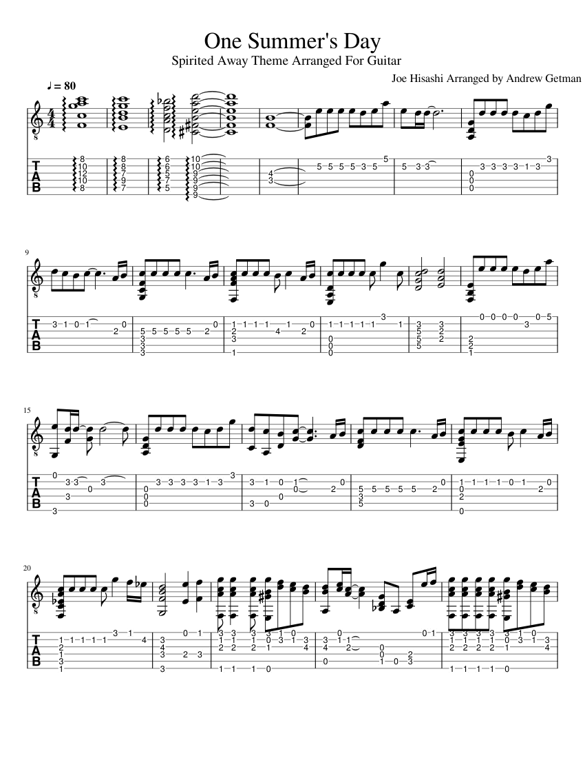 One Summer S Day Tab Sheet Music For Guitar Solo Download And Print In Pdf Or Midi Free Sheet Music For One Summer S Day By Joe Hisaishi Classical Musescore Com