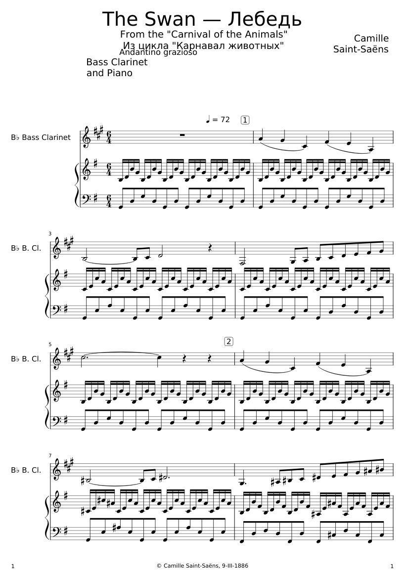 The Swan (Le Cygne) – Camille Saint-Saëns for bass clarinet Sheet Music ...