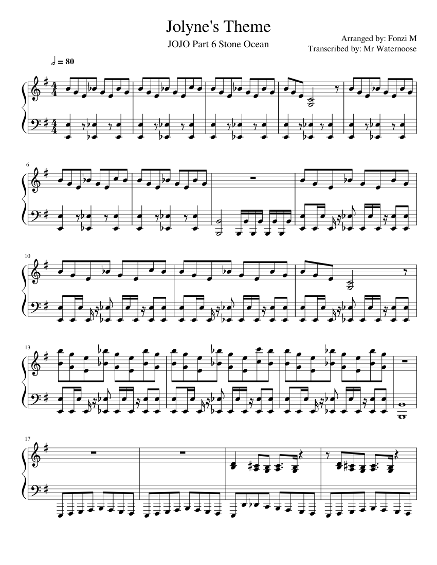 Jolynes Theme Jojo Stone Ocean Fonzi M Transcription Sheet Music For Piano Solo 0146