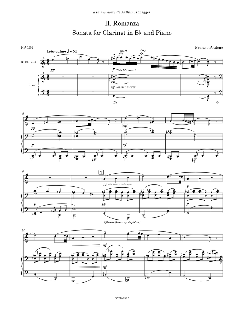 Sonata for Clarinet in B♭ and Piano II. Romanza - Francis Poulenc Sheet  music for Piano, Clarinet in b-flat (Mixed Duet) | Musescore.com