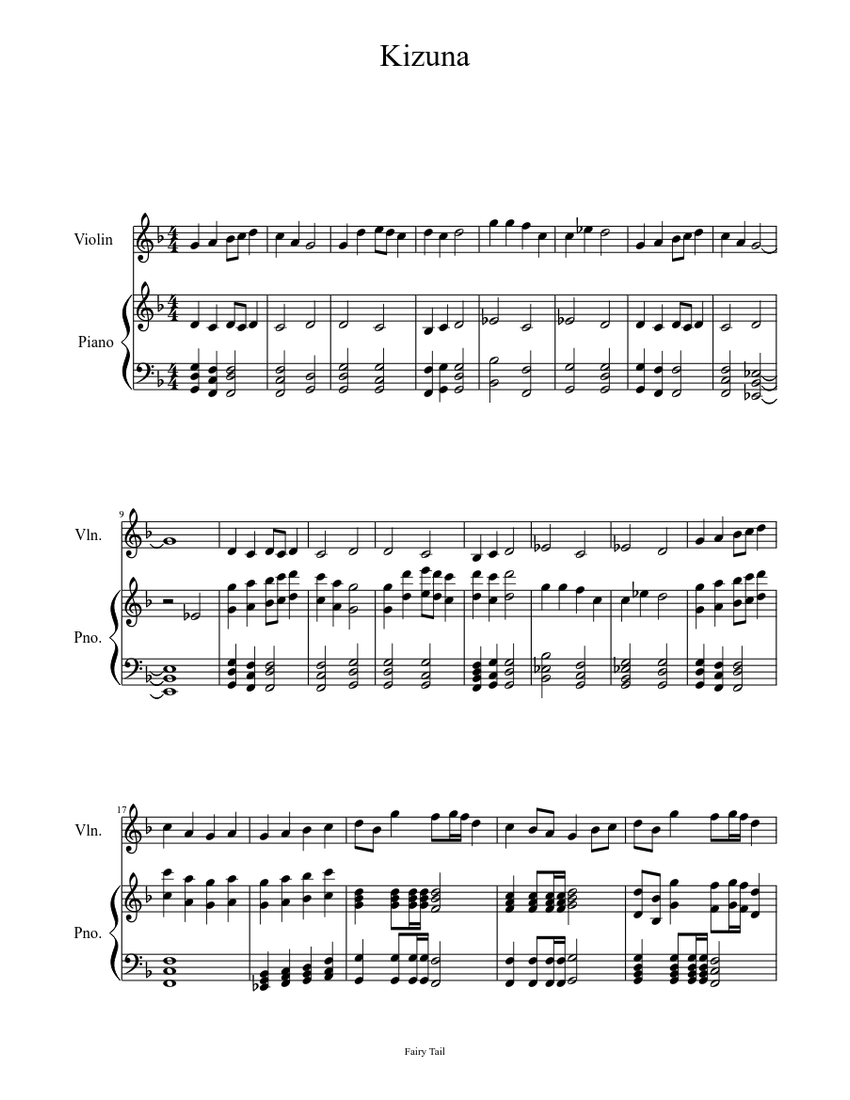 Fairy Tail Kizuna Sheet Music For Piano Violin Solo Musescore Com