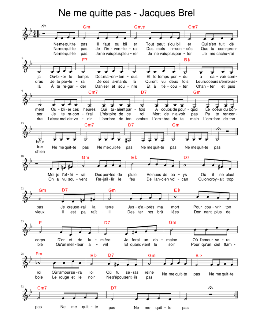 Ne Me Quitte Pas Lead Sheet - piano tutorial