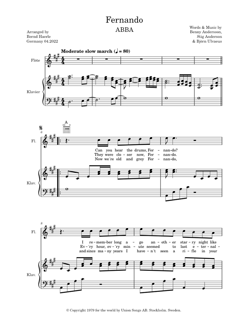 Fernando – ABBA Sheet music for Piano, Flute (Piano-Voice) | Musescore.com