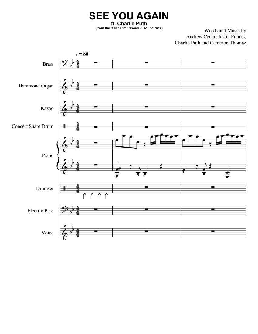 See you Again (Ft. Charlie Puth) - Wiz Khalifa Sheet music for Piano,  Organ, Vocals, Kazoo & more instruments (Mixed Ensemble) | Musescore.com