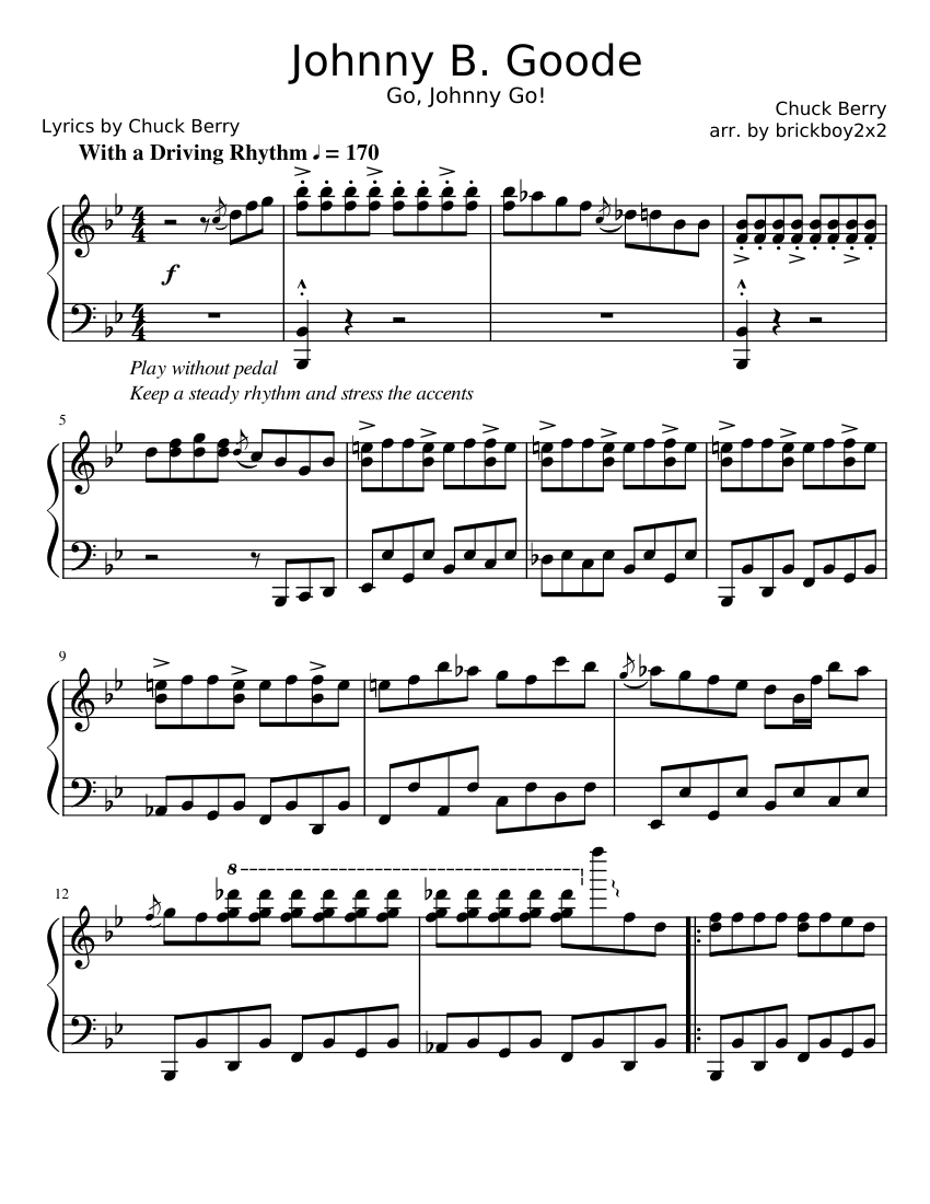 Johnny B. Goode | Rock 'n Roll Piano Solo Arr. Sheet music for Piano (Solo)  | Musescore.com