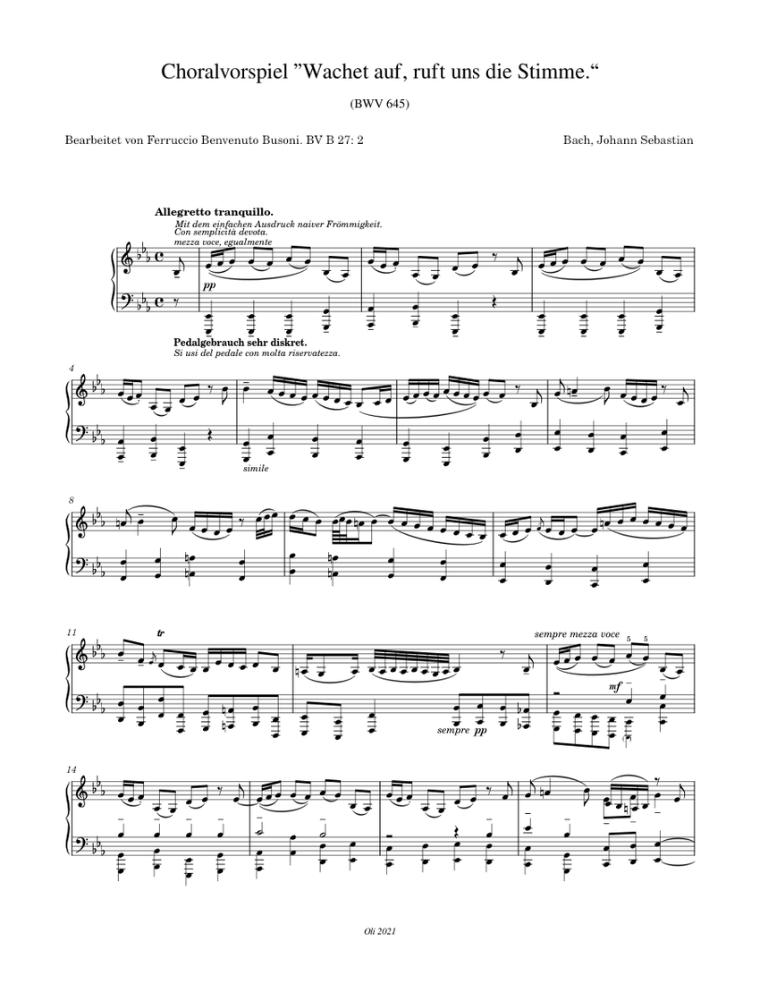 J.S. Bach, Choralvorspiel "Wachet auf, ruft uns die Stimme" BWV 645 (Arrt  F. Busoni) Sheet music for Piano (Solo) | Download and print in PDF or MIDI  free sheet music for Wachet