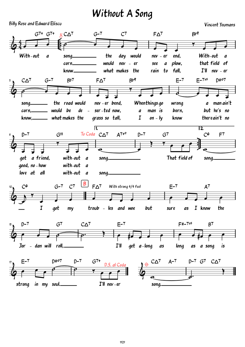 Without A Song (Lead sheet with lyrics ) Sheet Music for Piano (Solo) Easy | MuseScore.com
