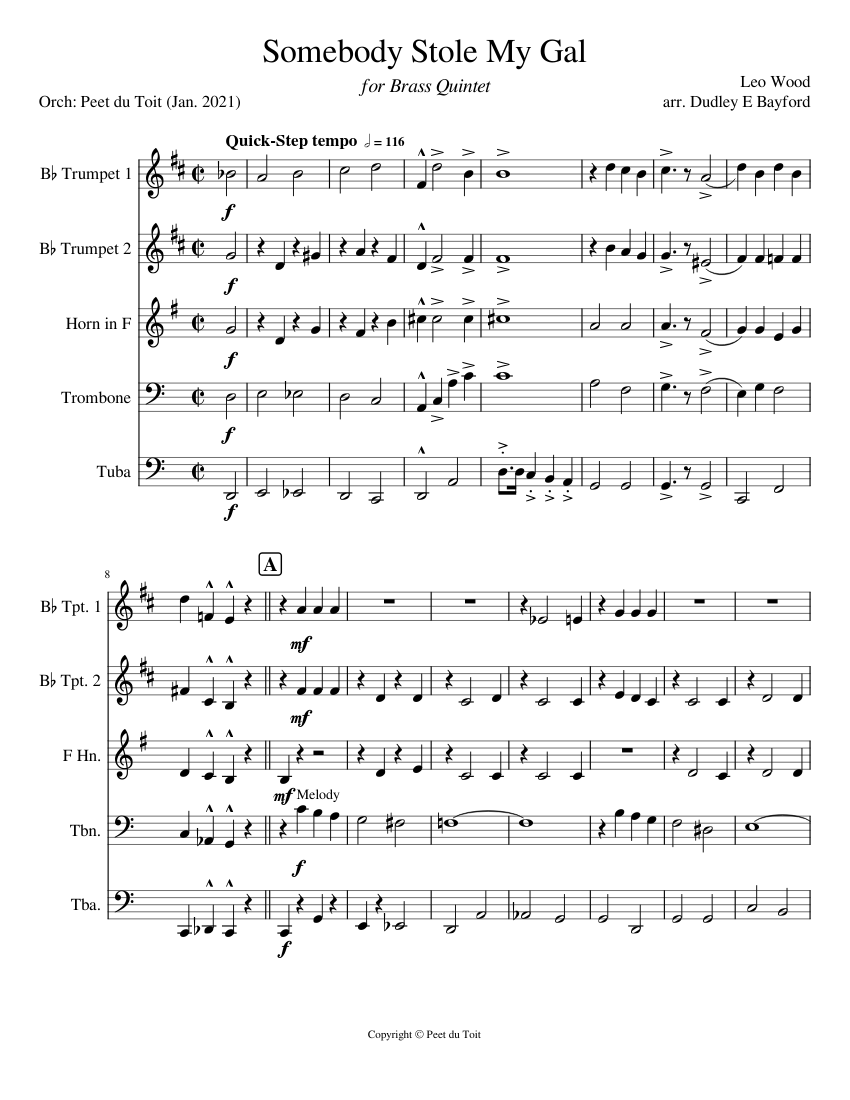 Somebody Stole My Gal - Leo Wood arr. DE Bayford (Brass Quintet) Sheet  music for Trombone, Tuba, Trumpet in b-flat, French horn (Brass Quintet) |  Musescore.com