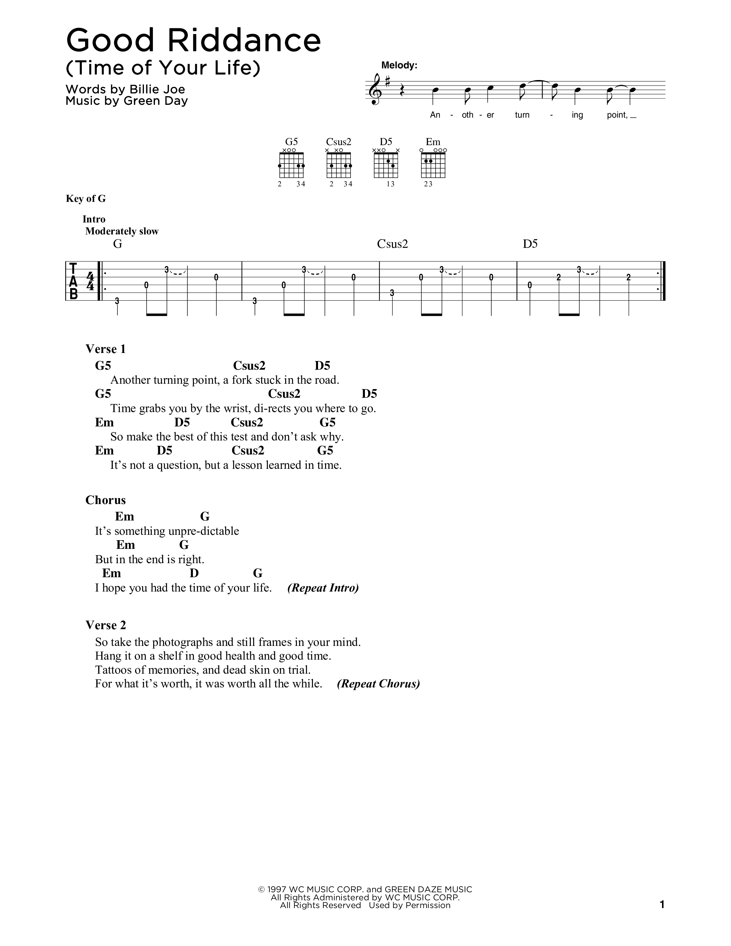 Good Riddance Tabs In Numbers Play Official version of Good Riddance (Time of Your Life) sheet music ...