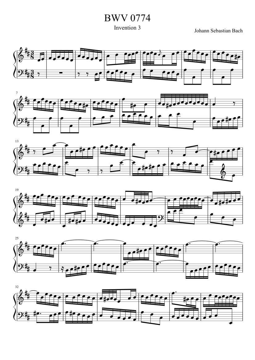 BWV 774: Invention III (A = 415 Hz) Sheet Music for Harp (Solo