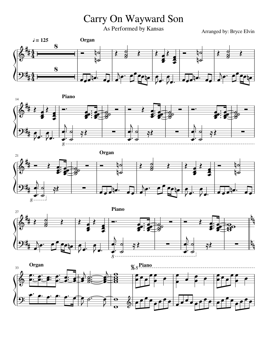 Carry On Wayward Son Piano Organ Only Isolated Sheet Music For Piano Solo Musescore Com