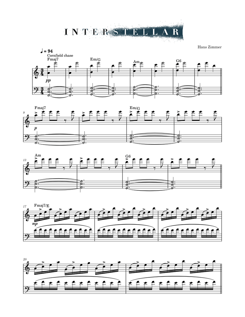Cornfield chase from Interstellar - Hans Zimme Sheet music for Piano