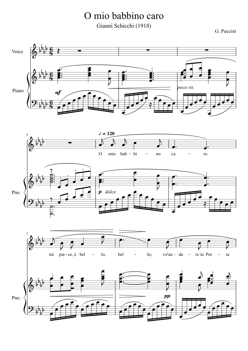 Puccini: O mio babbino caro Sheet music for Piano, Voice (other)  (Piano-Voice) | Musescore.com