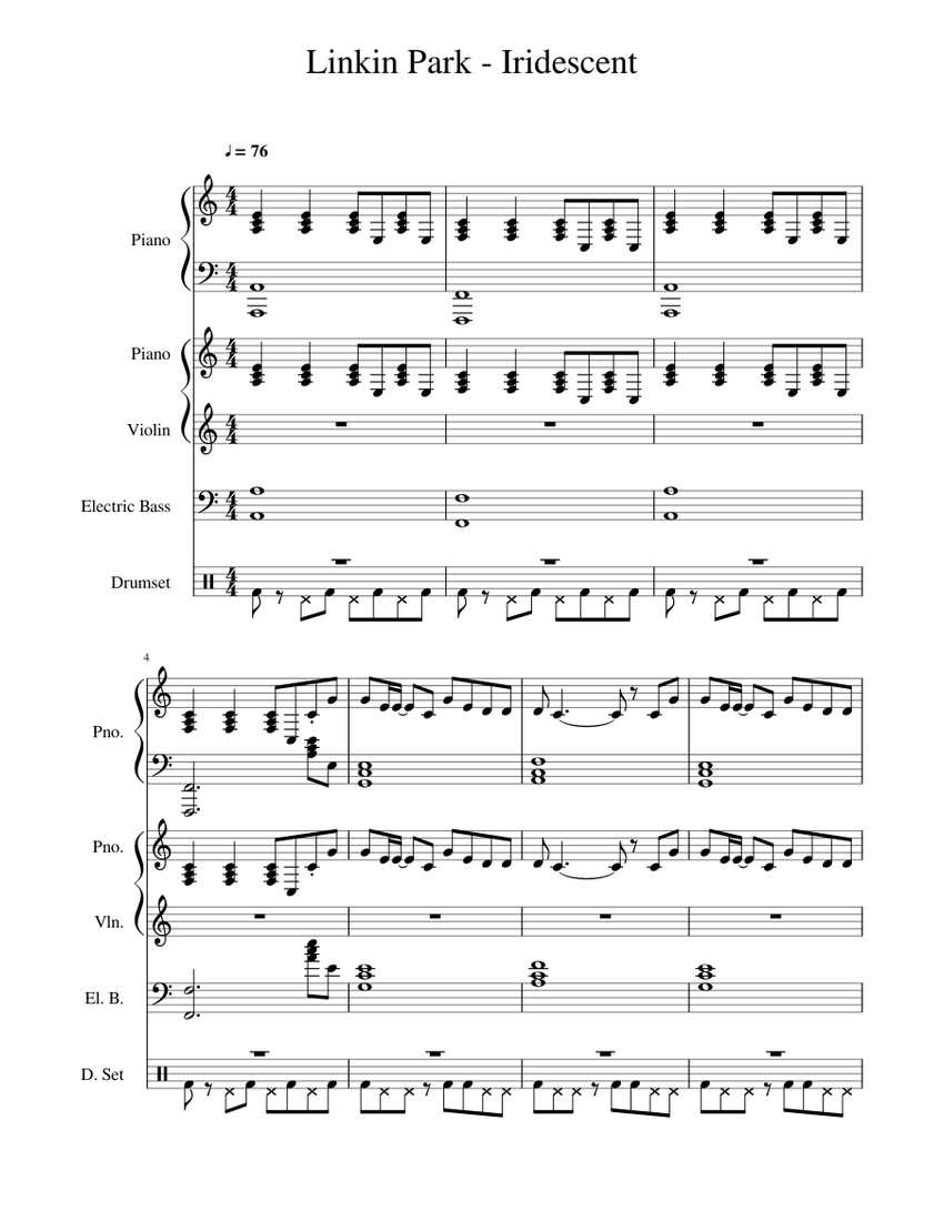 Linkin Park Iridescent Sheet Music For Piano Violin Drum Group Bass Mixed Quintet Musescore Com