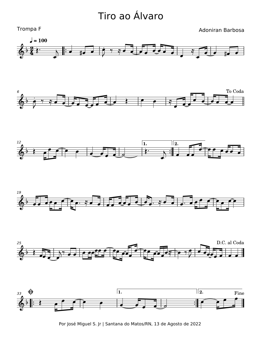Tiro ao alvaro Adoniran Barbosa Sheet music for French horn (Solo)