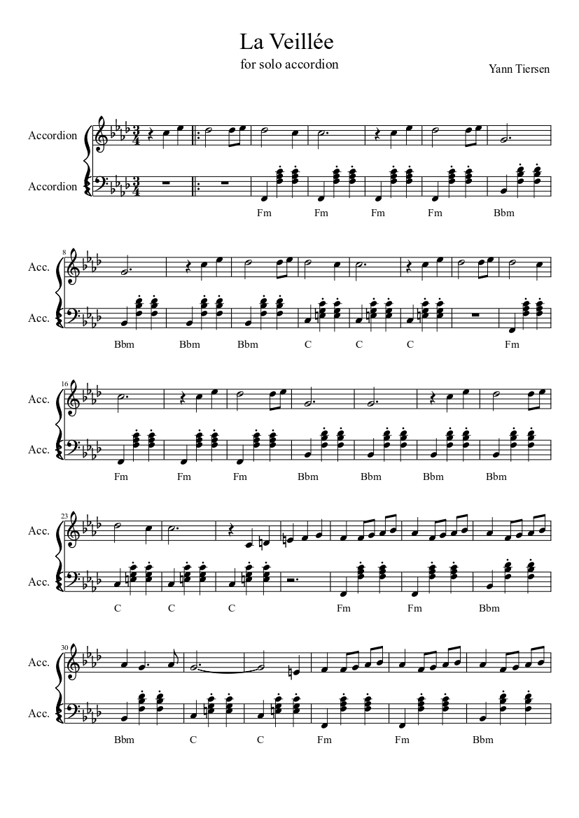 La Veillee Yann Tiersen For Accordion Sheet Music For Accordion Mixed Duet Musescore Com Download and print in pdf or midi free sheet music for la foule by edith piaf arranged by gotan for accordion (solo). yann tiersen for accordion sheet music