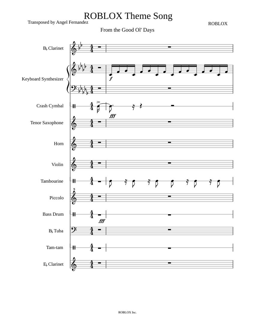 ROBLOX Theme Song Sheet Music For Tambourine Flute Piccolo Saxophone Score 0 @850x1100