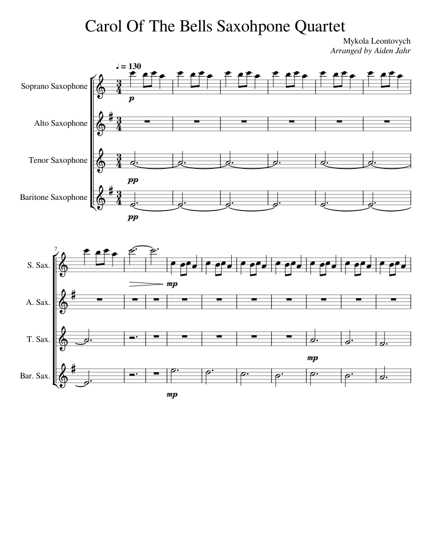 Carol Of The Bells (Saxophone Quartet) Sheet music for Saxophone alto ...