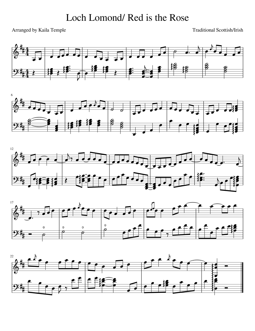 Loch Lomond/Red is the Rose Sheet music for Harp (Solo) | Musescore.com