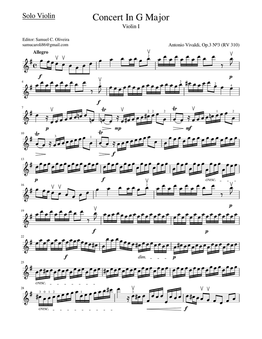 Concert In G Major RV310 - Vivaldi (Solo Violin) Sheet music for Violin  (Solo) | Musescore.com