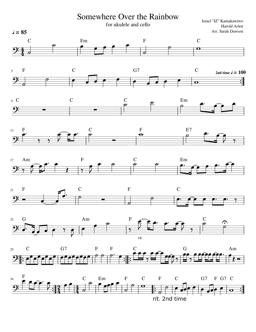 Somewhere Over the Rainbow for Ukulele and Cello Sheet music for Piano  (Solo) | Musescore.com