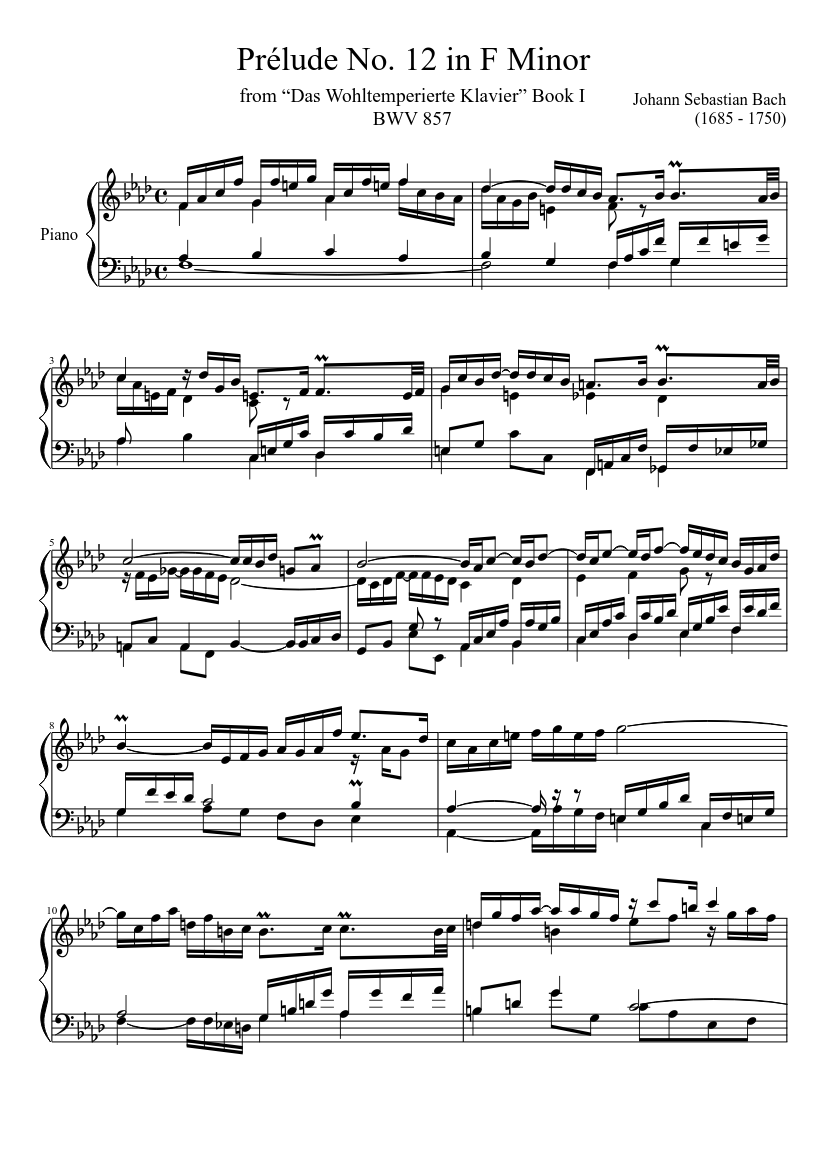 Prélude No. 12 BWV 857 in F Minor Sheet music for Piano (Solo