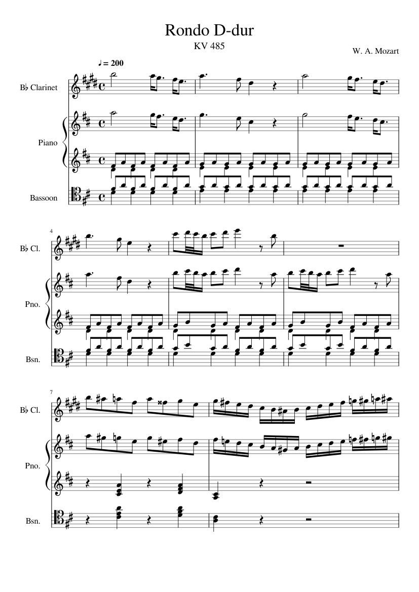 Duet: Rondo in D major, K. 485 Sheet music for Piano, Clarinet in b-flat,  Bassoon (Mixed Trio) | Musescore.com