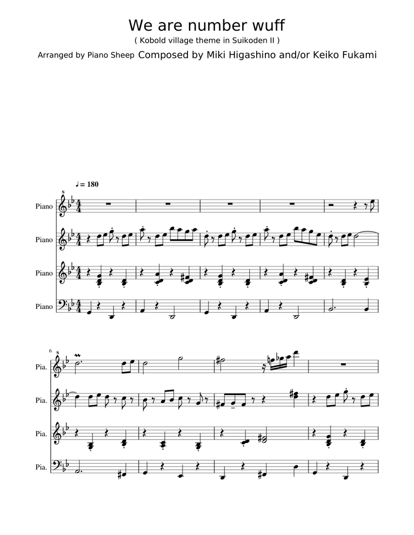 Suikoden 2, We are number wuff, Piano 4 hands Sheet music for Piano (Mixed  Quartet) | Musescore.com