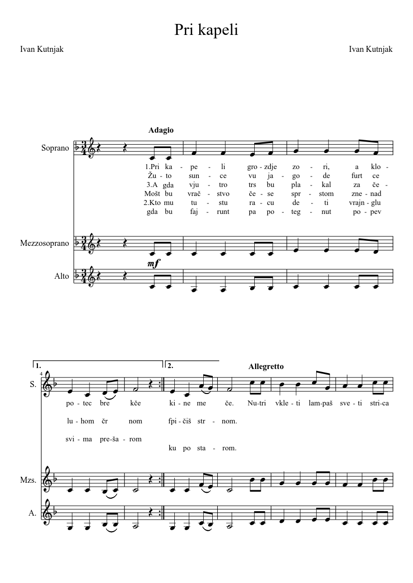 Pri kapeli Sheet music for Soprano, Alto, Vocals (Choral) | Musescore.com