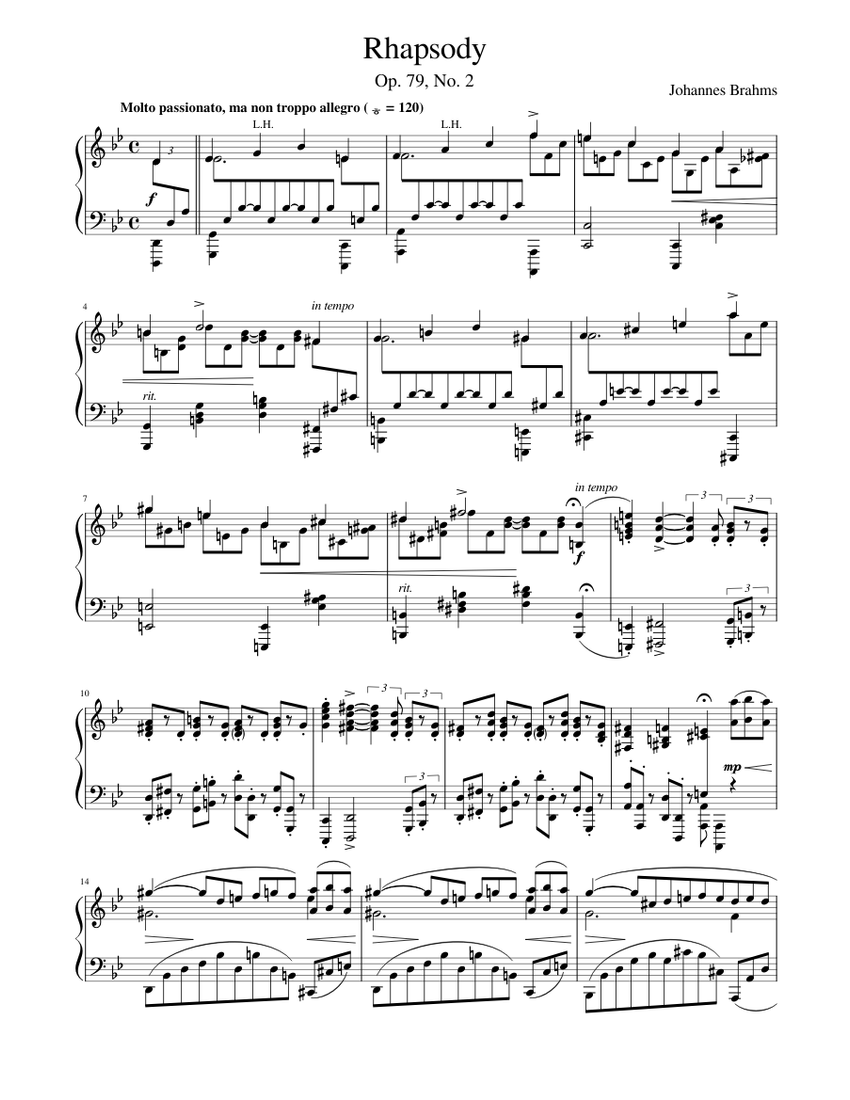 Rhapsody Op. 79 No. 2 Sheet music for Piano (Solo) | Download and print in  PDF or MIDI free sheet music for 2 Rhapsodies, Op.79 by Johannes Brahms  (classical ) | Musescore.com