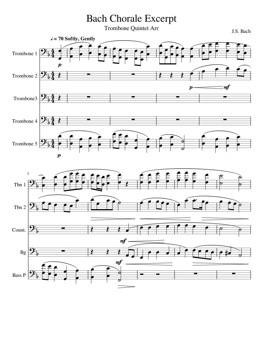 Bach Chorale Excerpt Sheet music for Trombone (Mixed Quintet ...