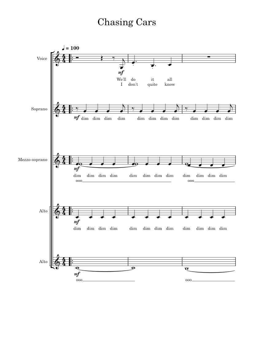 Chasing Cars - SSAA a capella Sheet Music for Synthesizer, Voice (other ...