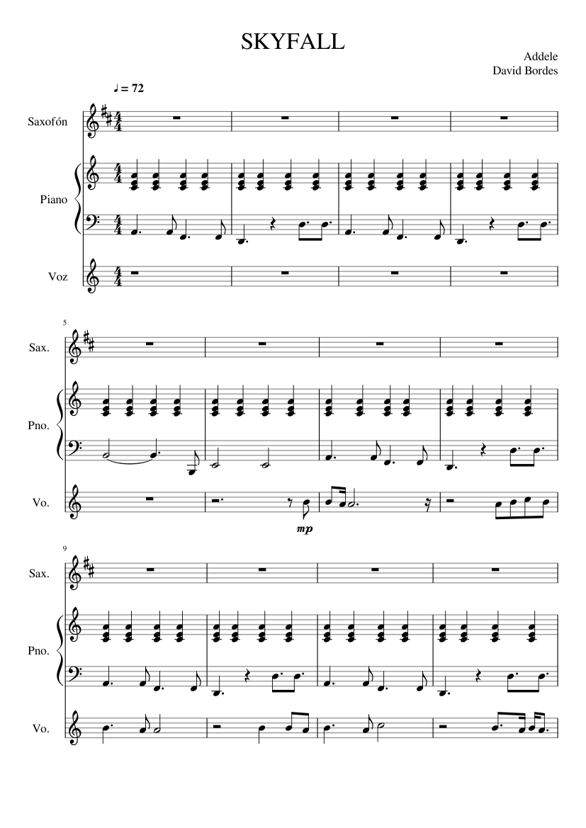 SKYFALL Sheet Music for Piano, Vocals, Saxophone other (Mixed Trio