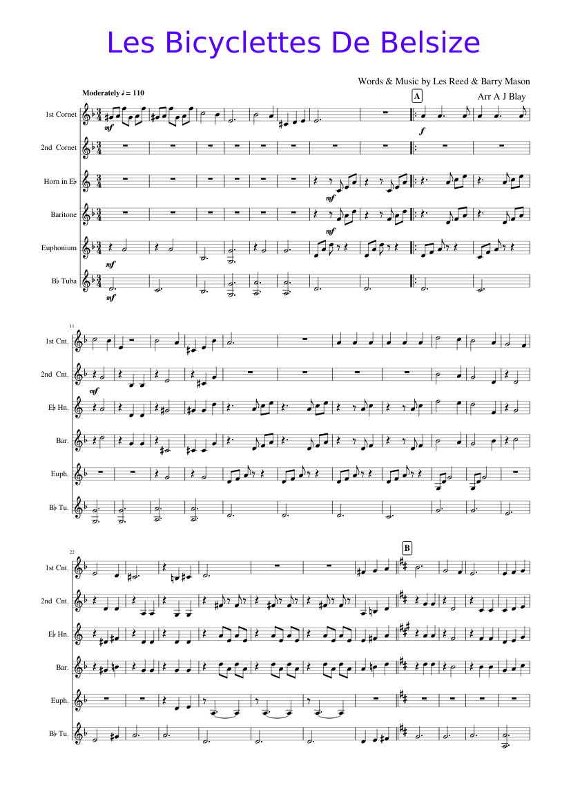 Les Bicyclettes De Belsize Sheet music for Cornet, Euphonium, Tuba,  Baritone horn & more instruments (Brass Ensemble) | Musescore.com