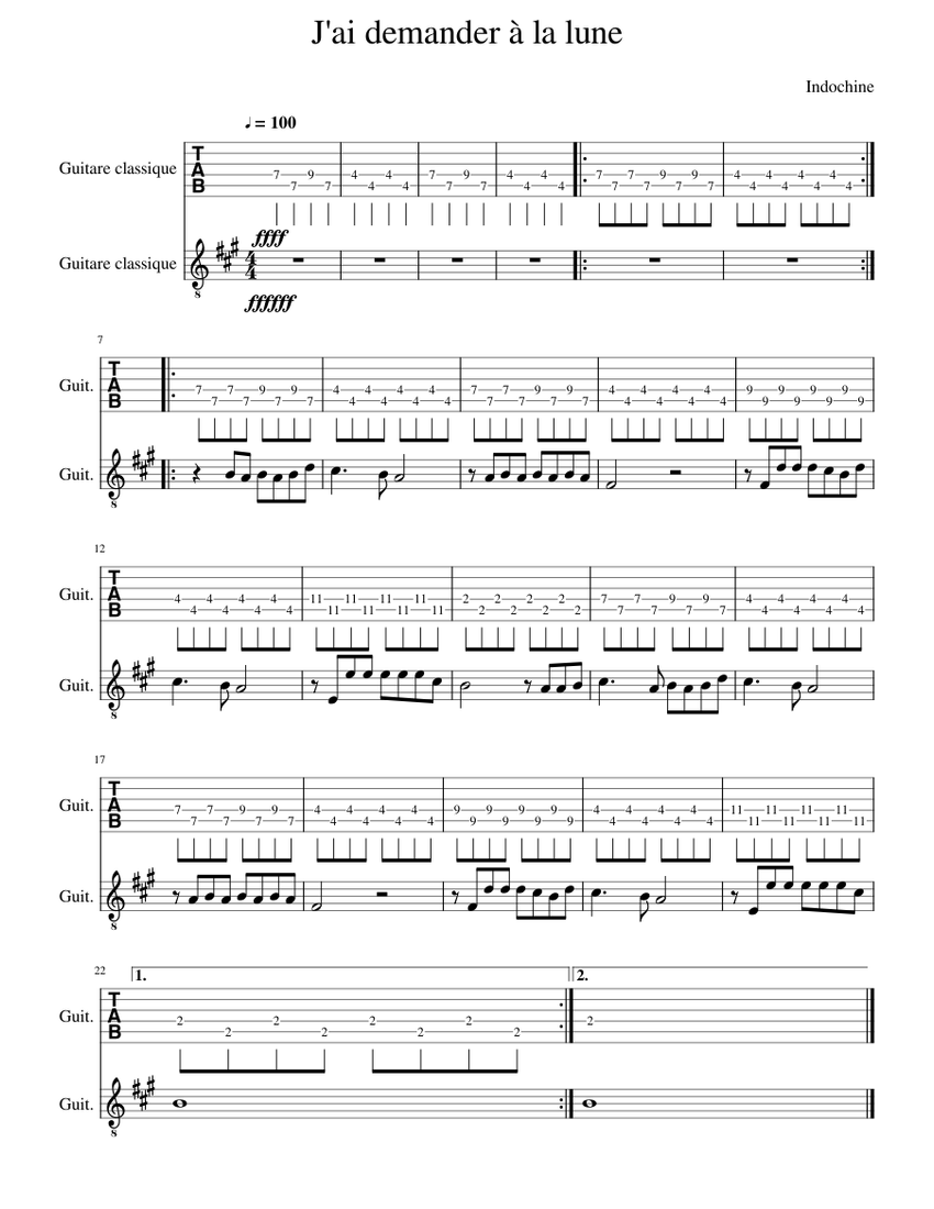 J'ai demander à la lune Sheet music for Guitar (Mixed Duet) | Musescore.com