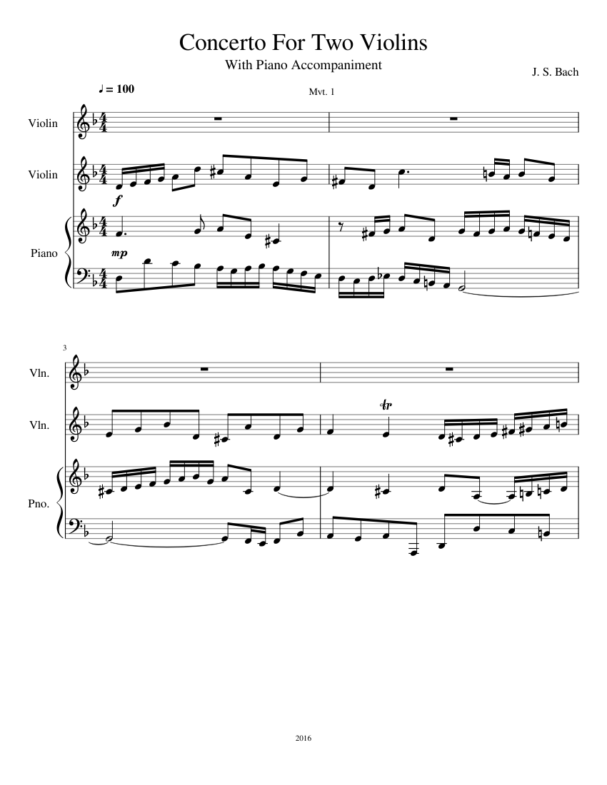 Concerto For Two Violins (In D minor) Sheet music for Piano, Violin ...