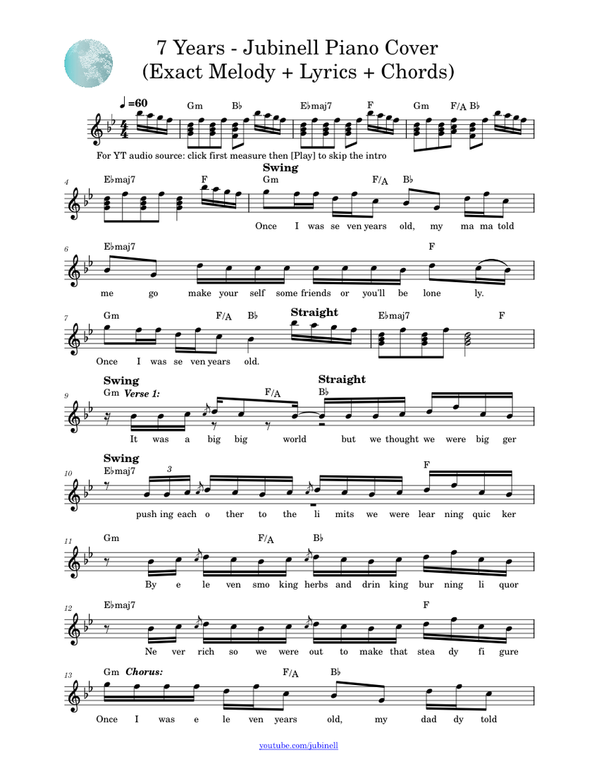7 years – Lukas Graham - Exact Melody + Lyrics + Chords Sheet music for  Piano (Piano-Voice) Easy