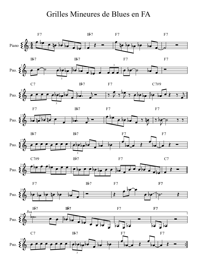 Grilles mineures de Blues en FA Sheet music for Piano (Solo) | Musescore.com