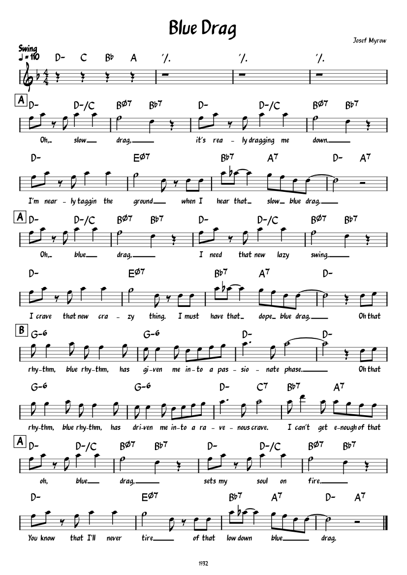 Blue Drag – Josef Myrowt Sheet Music with Chords for Vibraphone (Solo ...