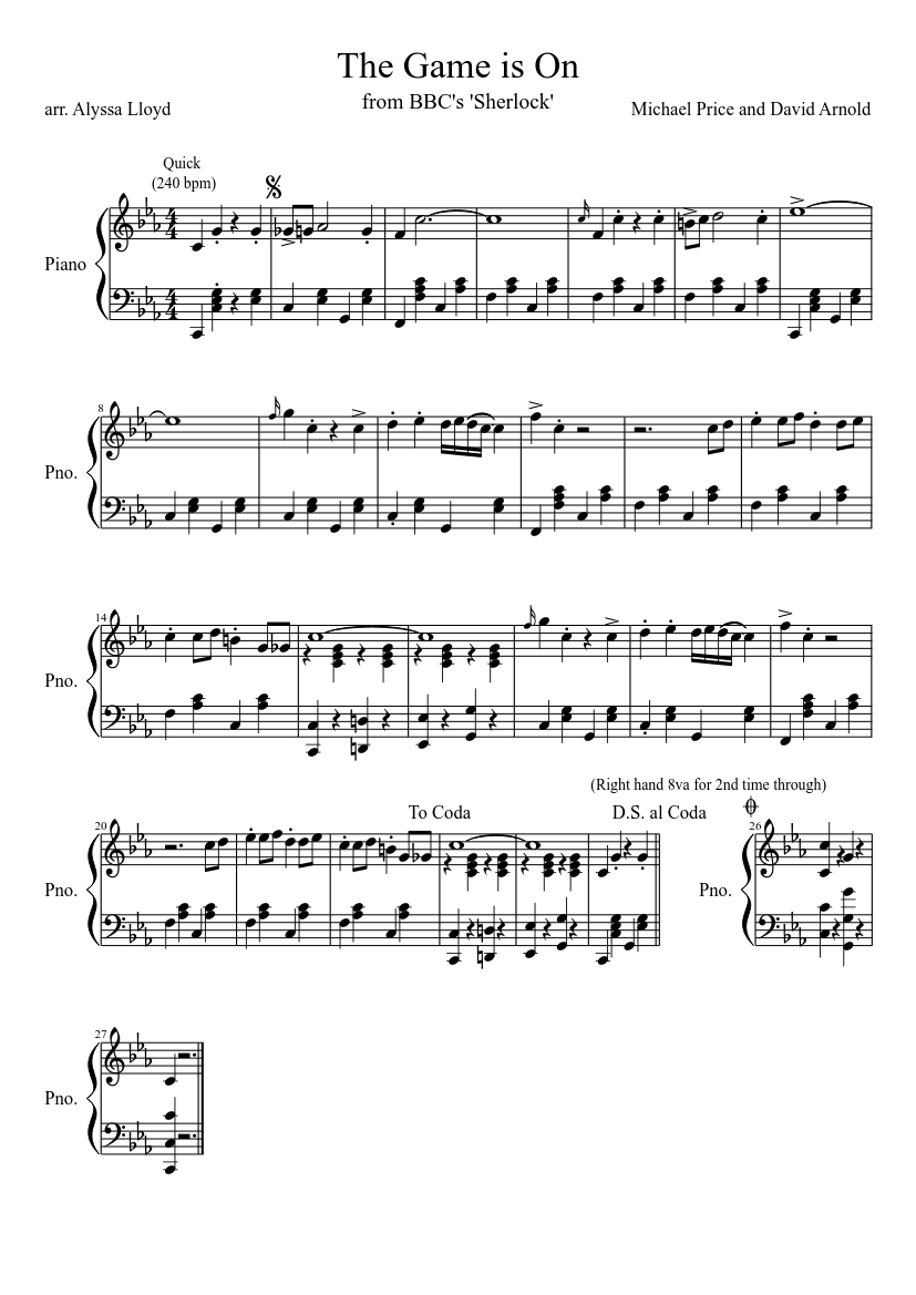 The Game is On (from BBC's Sherlock) for Piano Sheet music for Piano (Solo)  Easy | Musescore.com