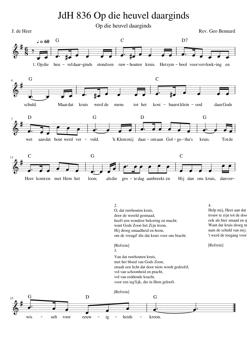 JdH 836 Op Die Heuvel Daarginds In G Sheet Music For Piano Solo 