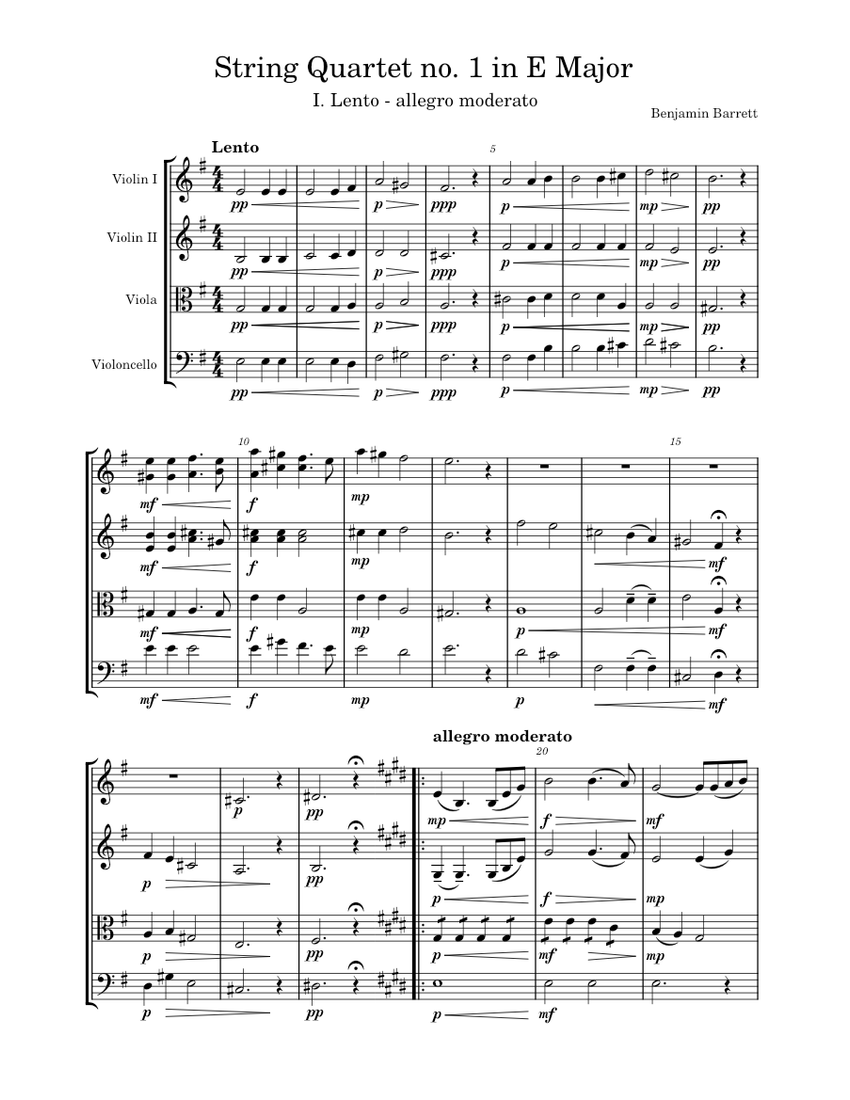 String Quartet no. 1 in E major; I: Lento - allegro moderato Sheet ...