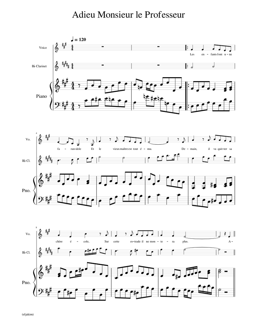 Adieu Monsieur le Professeur – Hugues Aufray Sheet music for Piano, Vocals,  Clarinet in b-flat (Mixed Trio) | Musescore.com