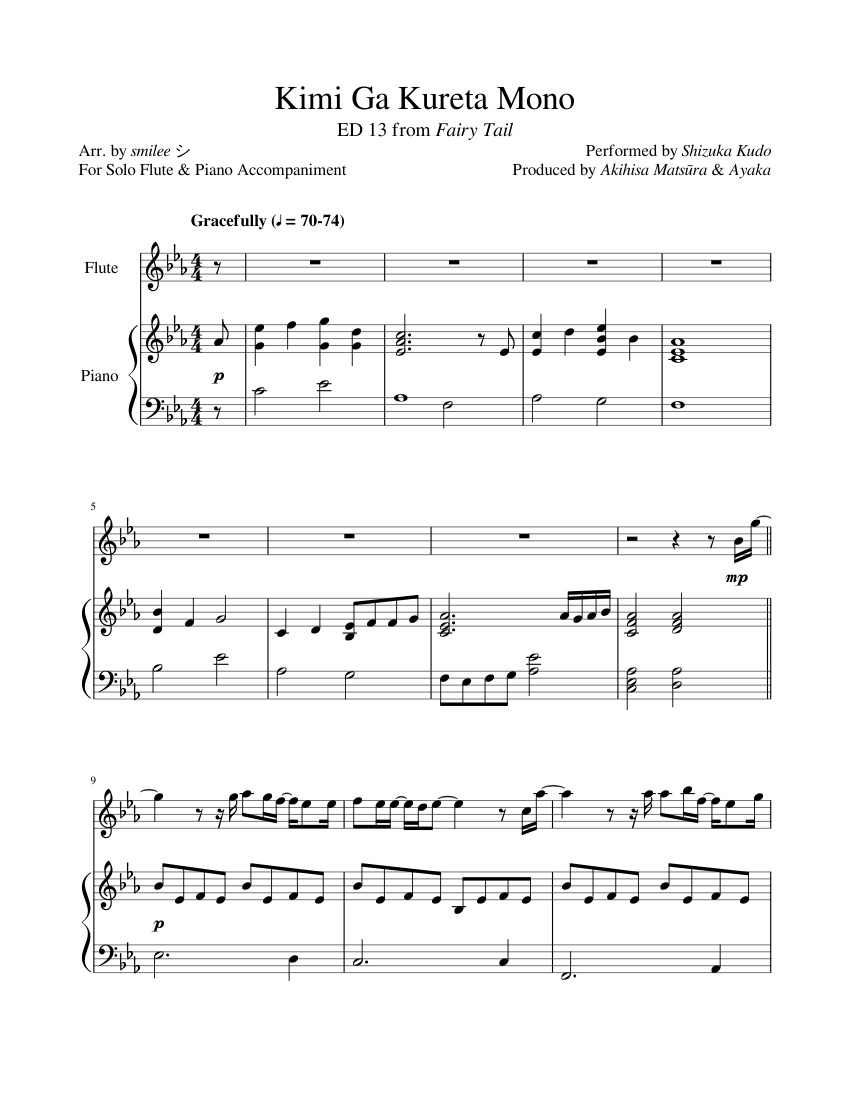Fairy Tail Ed 13 Kimi Ga Kureta Mono Flute Solo Sheet Music For Piano Flute Solo Musescore Com