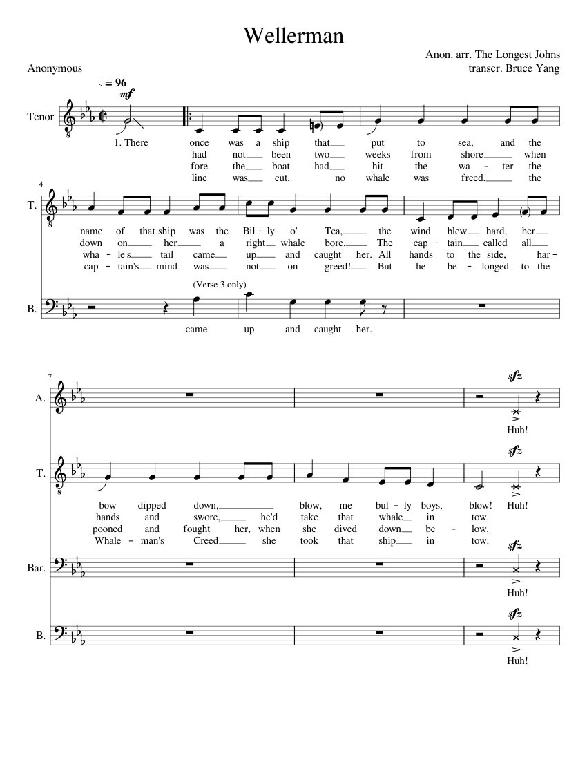 Wellerman - arr. The Longest Johns Sheet music for Alto, Tenor, Bass voice,  Baritone (Men's Choir) | Musescore.com