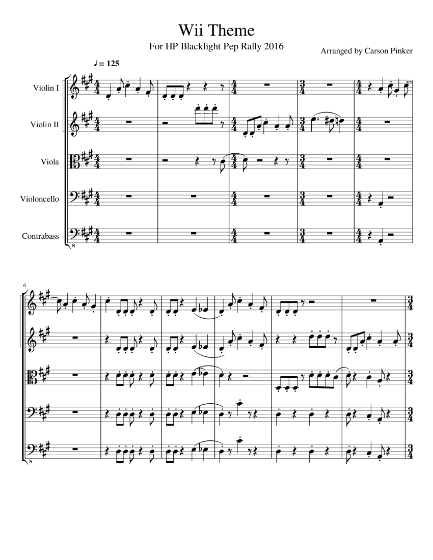Wii Theme Sheet music for Contrabass, Violin, Viola, Cello (String Quintet)  