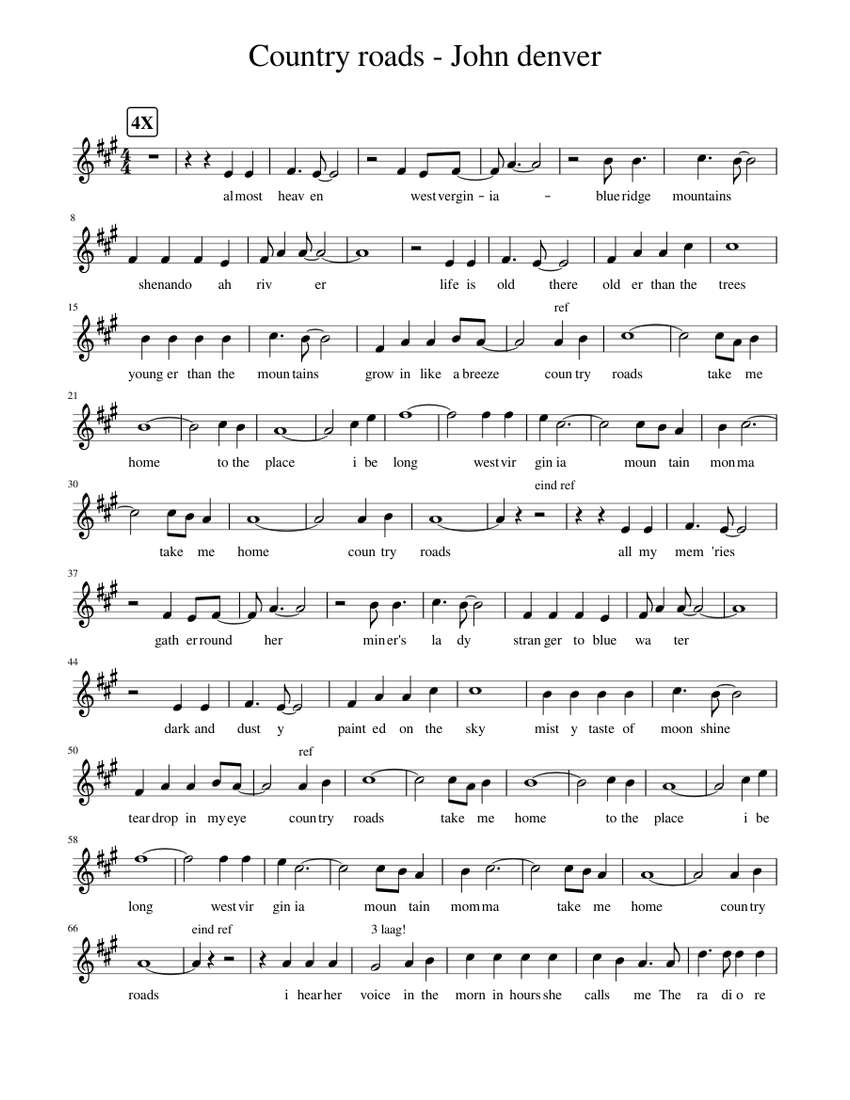 Country Roads John Denver Lyrics Sheet Music For Violin Solo Musescore Com