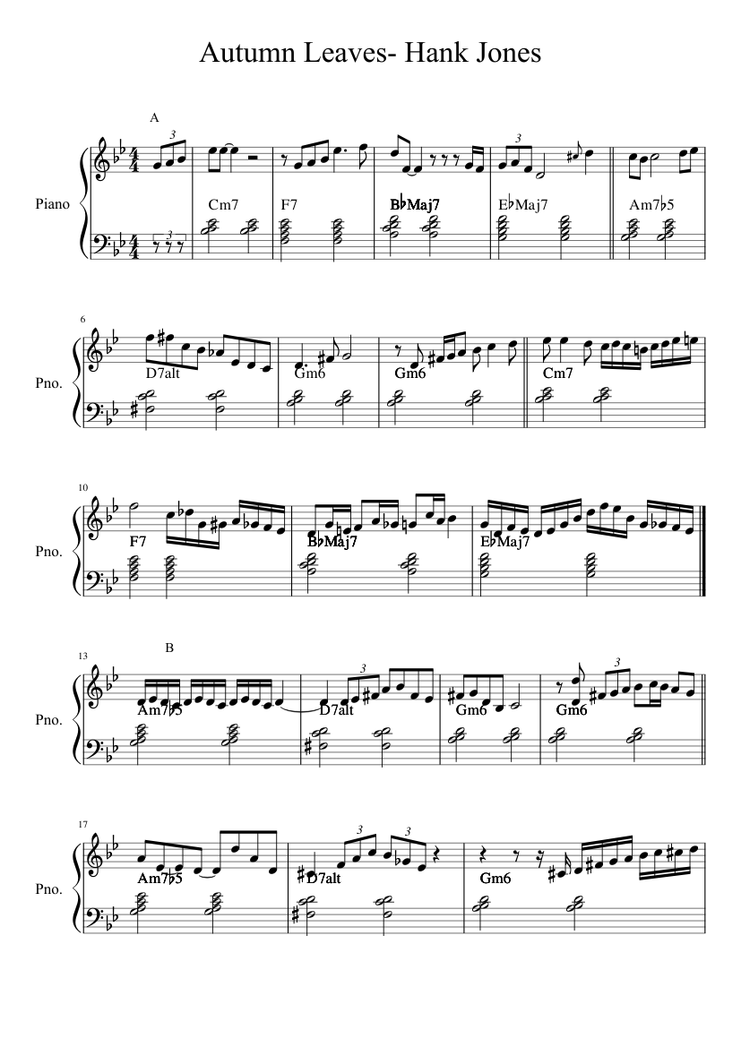 Autumn Leaves Piano Solo - Hank Jones (Somethin' else) Sheet music for Piano  (Solo) | Musescore.com